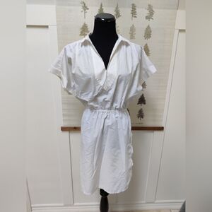 Vintage White Short Sleeve Button Detail Midi Dress - Elastic Waist